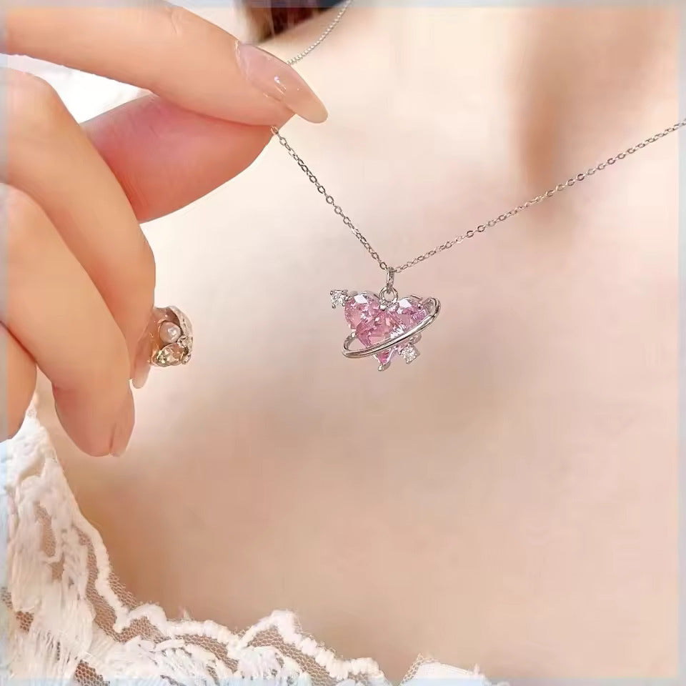 Y2K Pink Planet Heart Zircon Pendant Necklaces Women Fashion Aesthetic Clavicle Chain Necklace Valentines Day Gift Party Jewelry